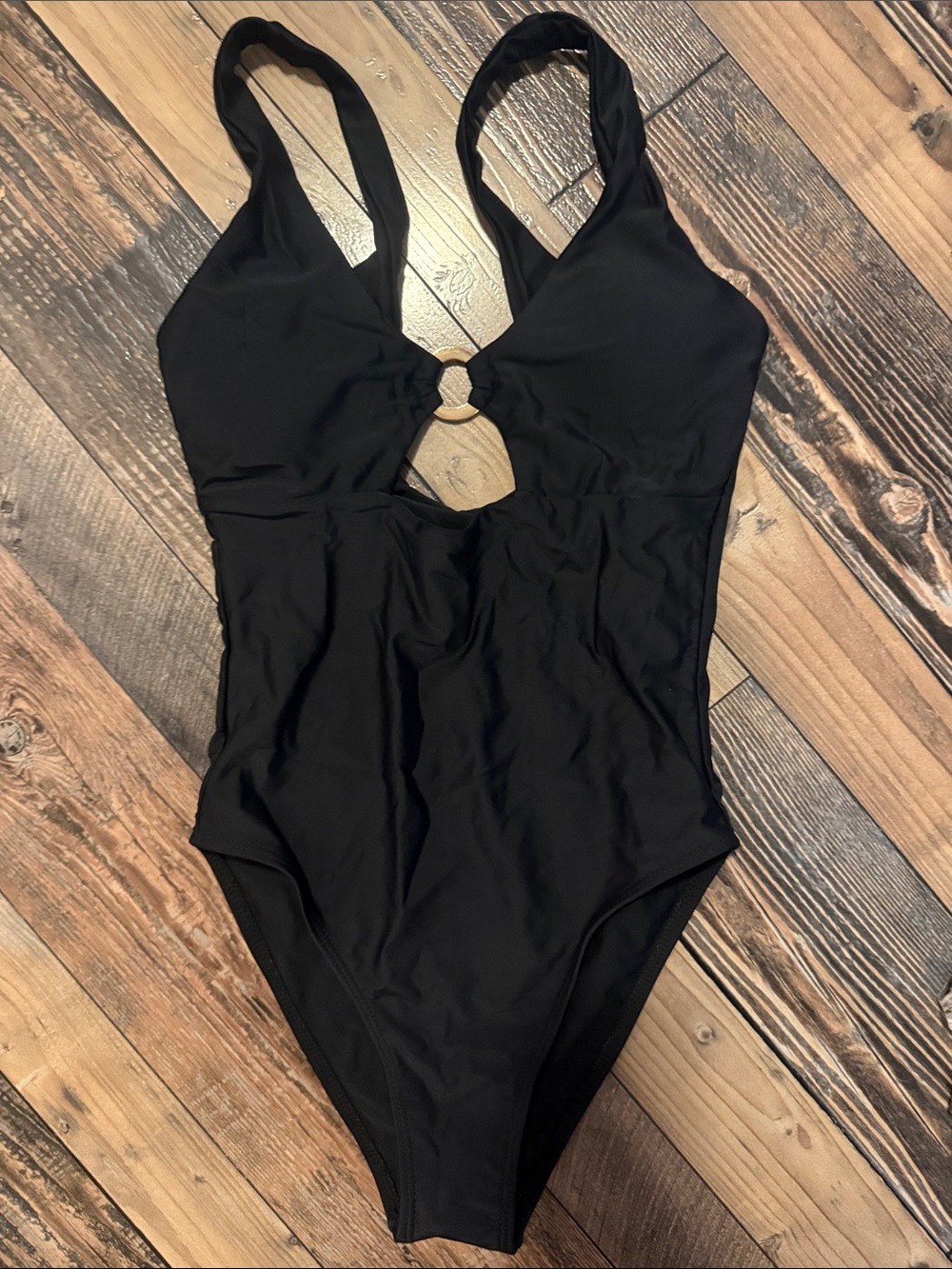 Women’s Black One-Piece Swimsuit with Front Ring Detail size xs